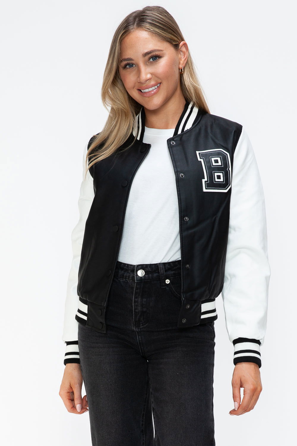 Love Me Now PU Leather Contrast Snap Down Bomber Jacket In Black us.meeeshop - 