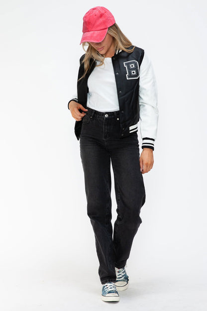 Love Me Now PU Leather Contrast Snap Down Bomber Jacket In Black us.meeeshop - 