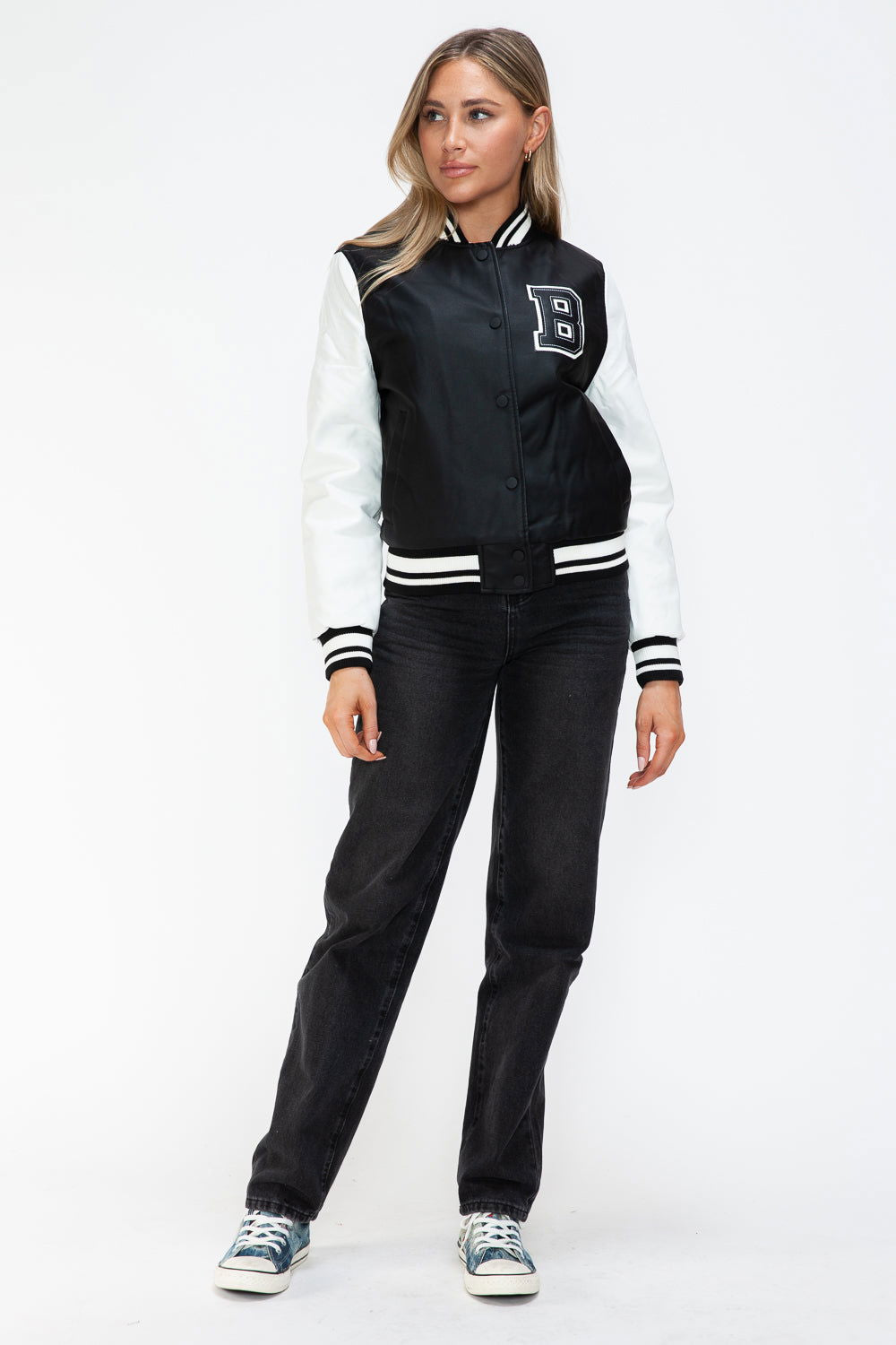 Love Me Now PU Leather Contrast Snap Down Bomber Jacket In Black us.meeeshop - 