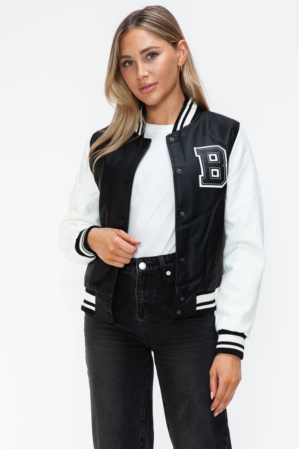 Love Me Now PU Leather Contrast Snap Down Bomber Jacket In Black us.meeeshop - 