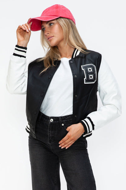 Love Me Now PU Leather Contrast Snap Down Bomber Jacket In Black us.meeeshop - 