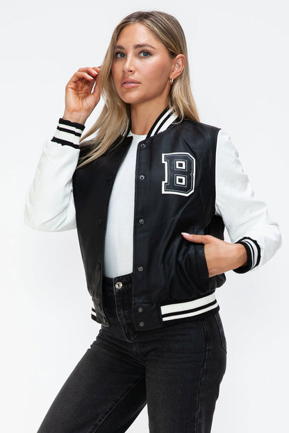 Love Me Now PU Leather Contrast Snap Down Bomber Jacket In Black us.meeeshop - 