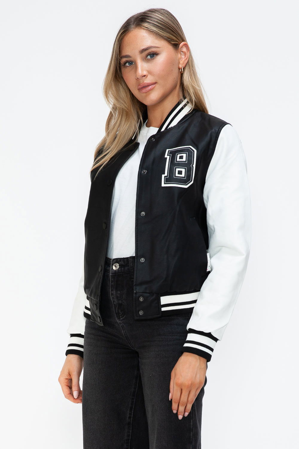 Love Me Now PU Leather Contrast Snap Down Bomber Jacket In Black us.meeeshop - 