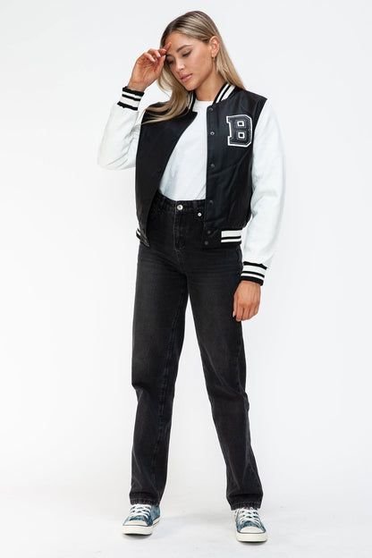 Love Me Now PU Leather Contrast Snap Down Bomber Jacket In Black us.meeeshop - 