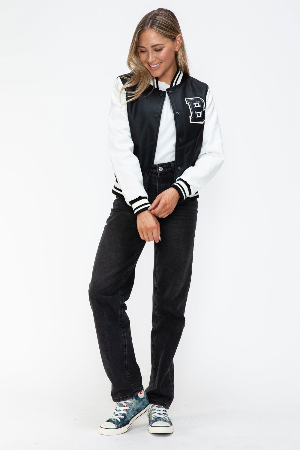 Love Me Now PU Leather Contrast Snap Down Bomber Jacket In Black us.meeeshop - 