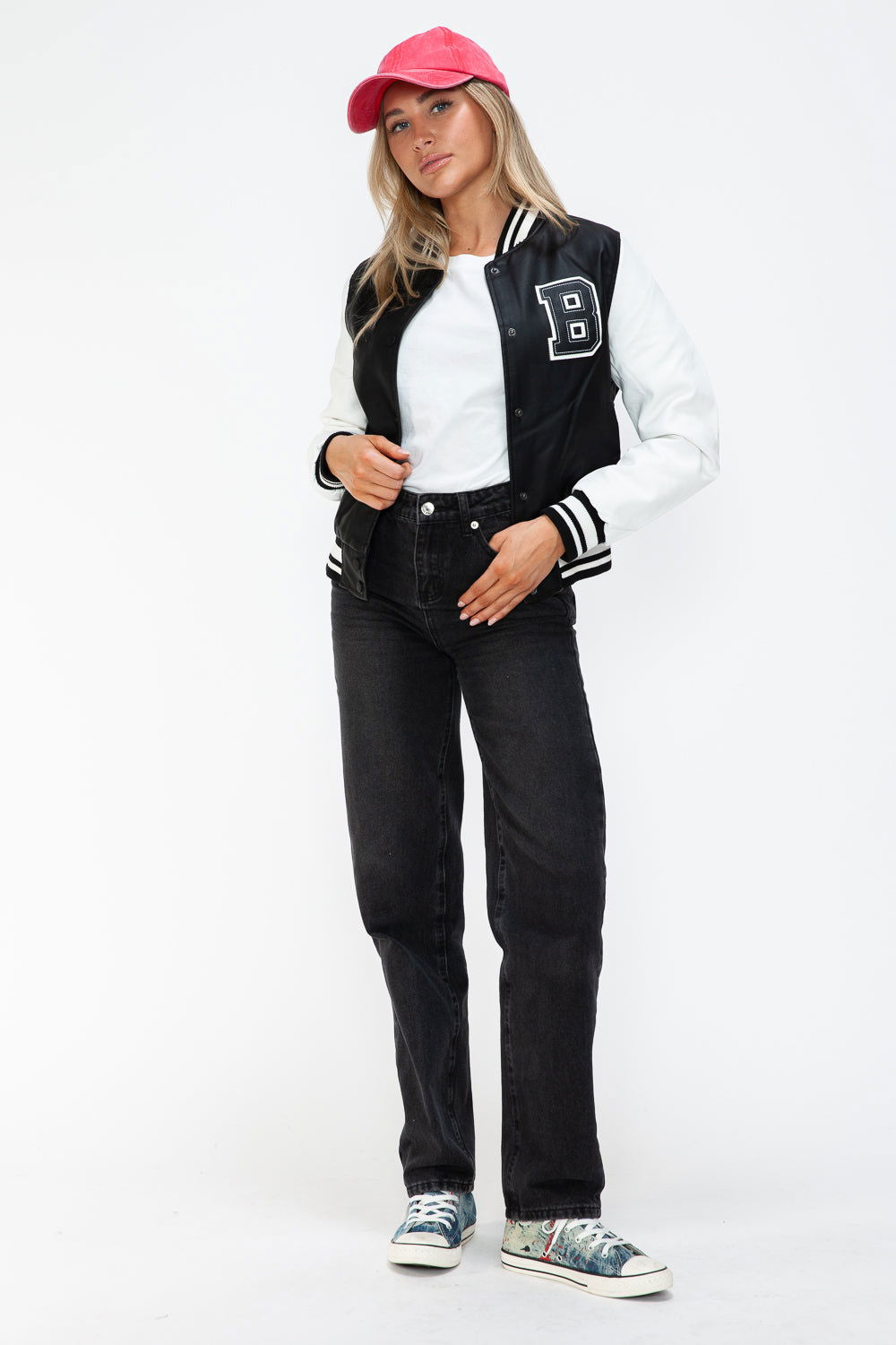 Love Me Now PU Leather Contrast Snap Down Bomber Jacket In Black us.meeeshop - 