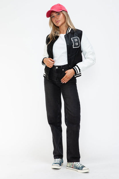 Love Me Now PU Leather Contrast Snap Down Bomber Jacket In Black us.meeeshop - 