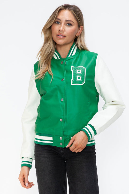 Love Me Now PU Leather Contrast Snap Down Bomber Jacket In Green us.meeeshop - Coats & Jackets