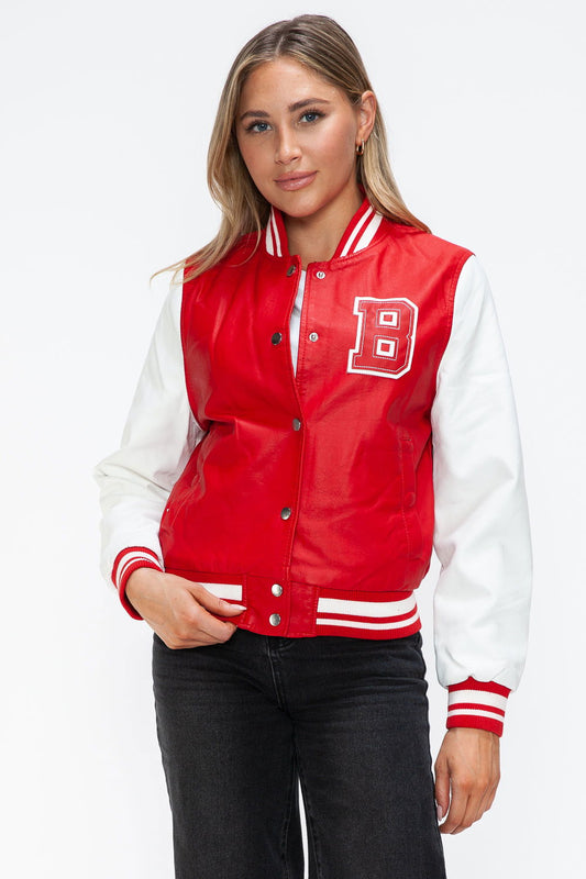 Love Me Now PU Leather Contrast Snap Down Bomber Jacket In Red us.meeeshop - Coats & Jackets