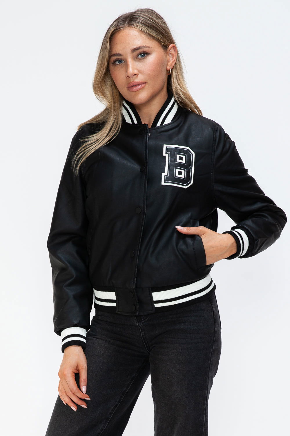 Love Me Now PU Leather Contrast Snap Down Bomber Jacket us.meeeshop - 