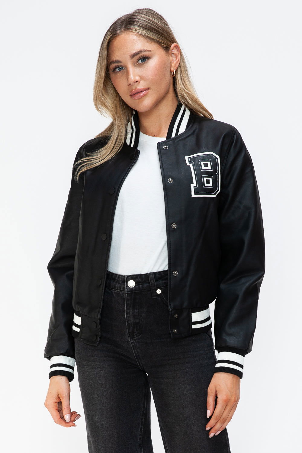 Love Me Now PU Leather Contrast Snap Down Bomber Jacket us.meeeshop - 