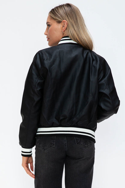 Love Me Now PU Leather Contrast Snap Down Bomber Jacket us.meeeshop - 