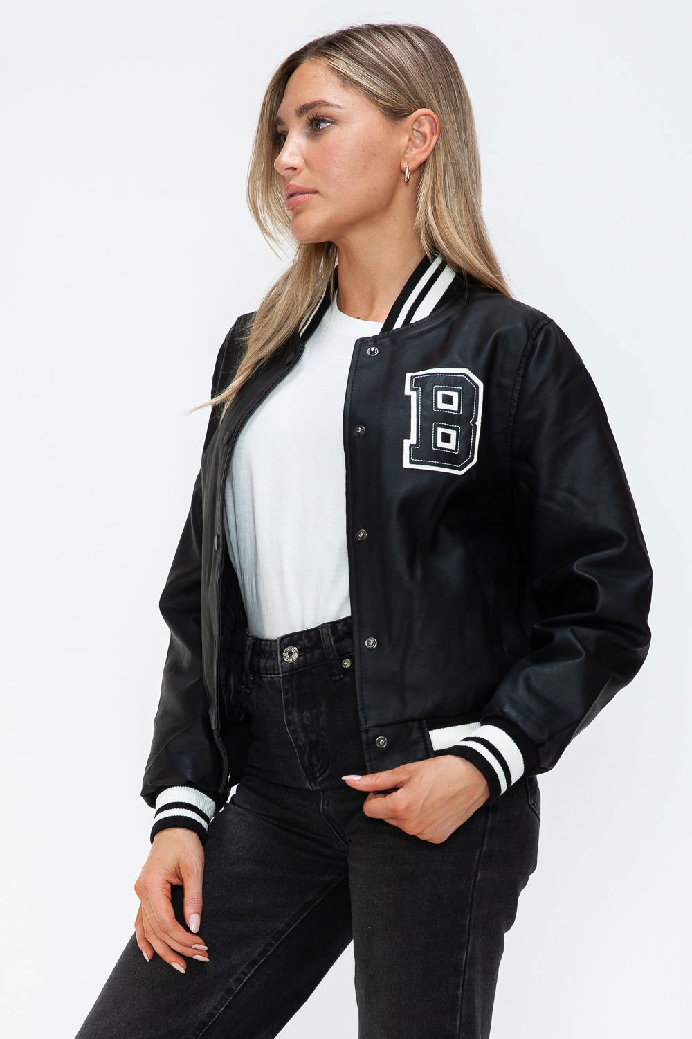 Love Me Now PU Leather Contrast Snap Down Bomber Jacket us.meeeshop - 