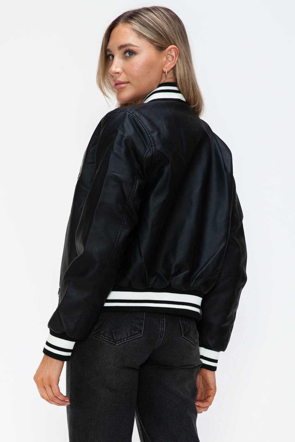 Love Me Now PU Leather Contrast Snap Down Bomber Jacket us.meeeshop - 