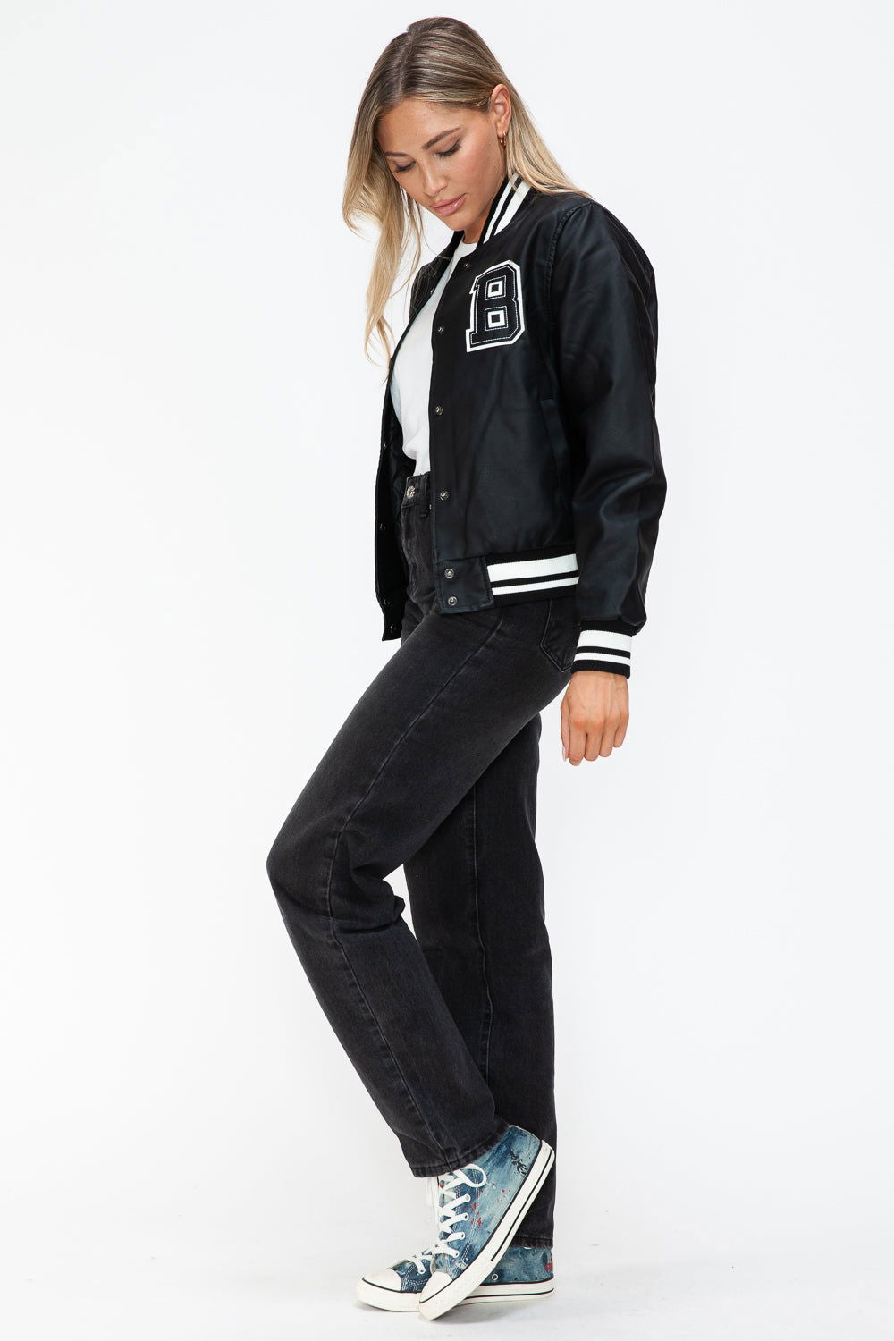 Love Me Now PU Leather Contrast Snap Down Bomber Jacket us.meeeshop - 