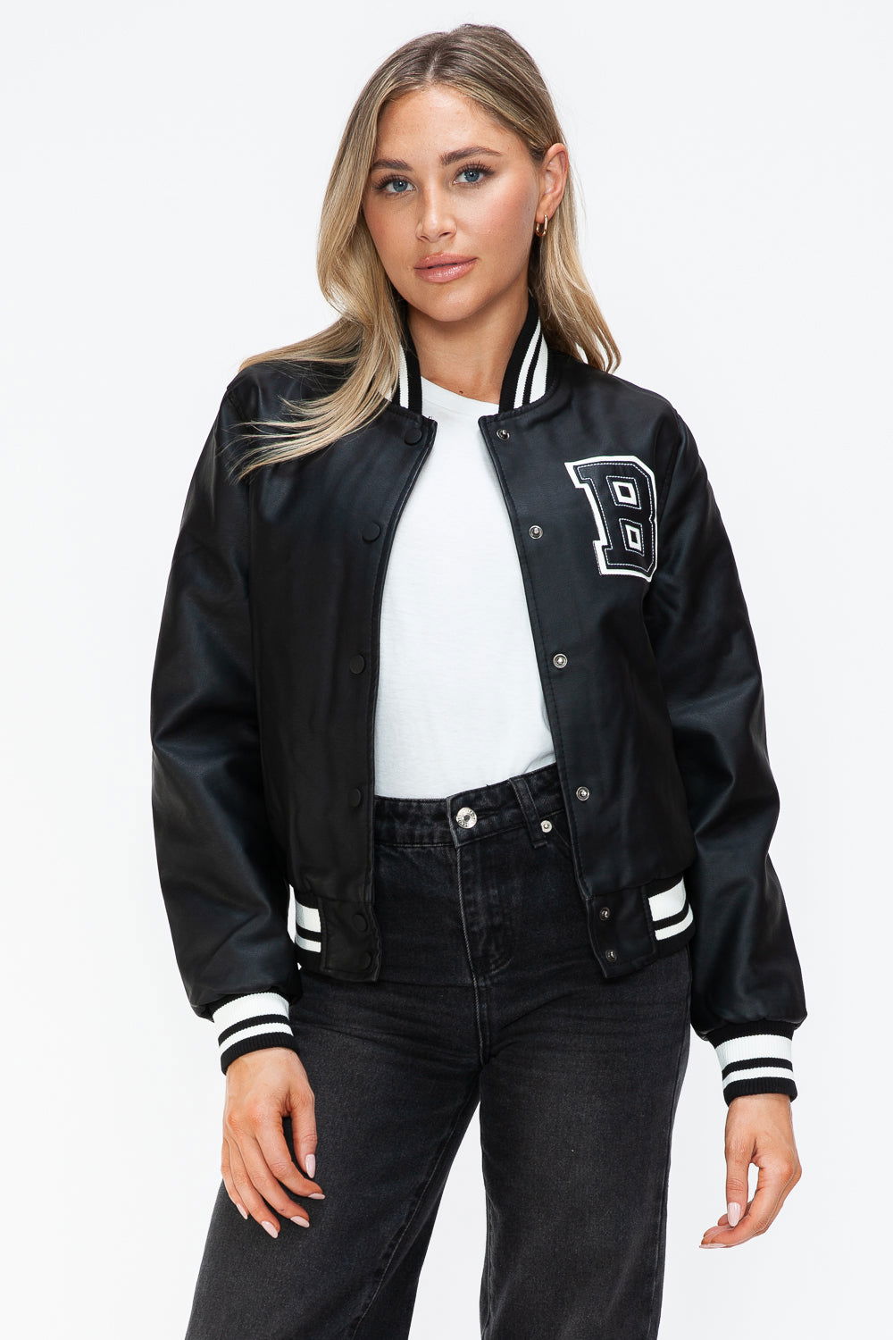 Love Me Now PU Leather Contrast Snap Down Bomber Jacket us.meeeshop - 