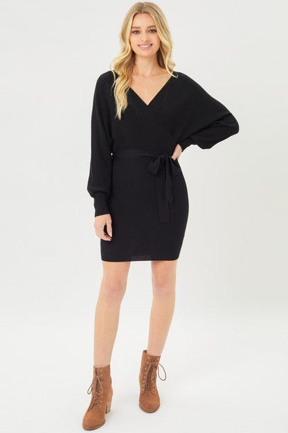 Love Tree Off Shoulder Wrap Belted Ribbed Knit Dress us.meeeshop - 