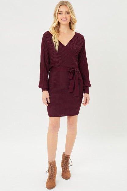 Love Tree Off Shoulder Wrap Belted Ribbed Knit Dress us.meeeshop - 