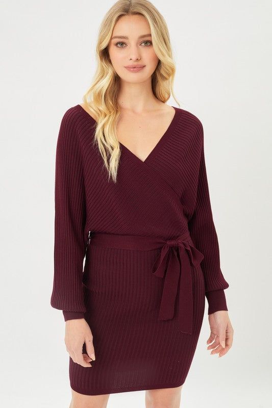 Love Tree Off Shoulder Wrap Belted Ribbed Knit Dress us.meeeshop - 