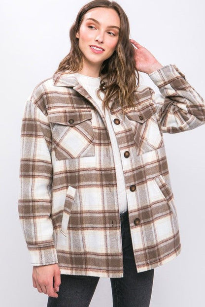 Love Tree Plaid Button Up Jacket with Sherpa Lining us.meeeshop - Coats & Jackets