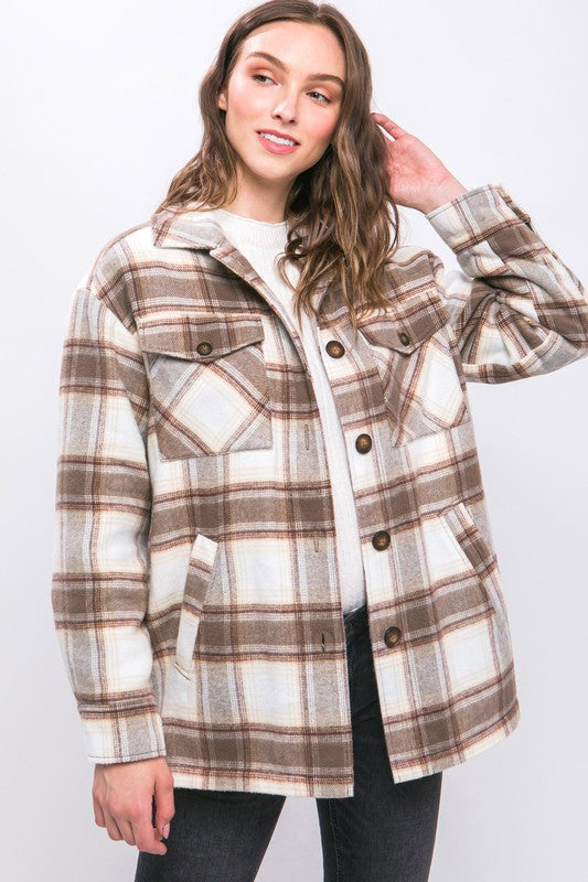 Love Tree Plaid Button Up Jacket with Sherpa Lining | us.meeeshop
