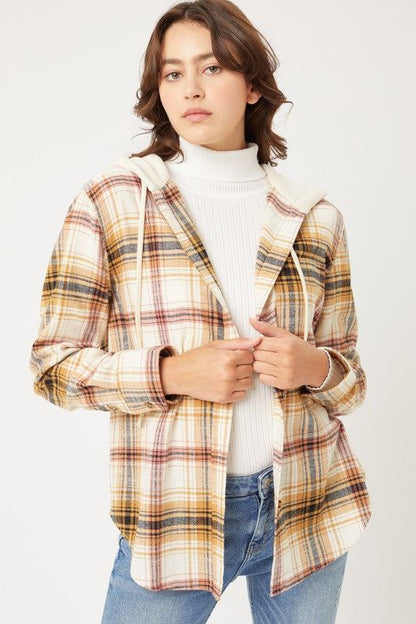 Love Tree Plaid Flannel Button Up Shacket with Hood us.meeeshop - 