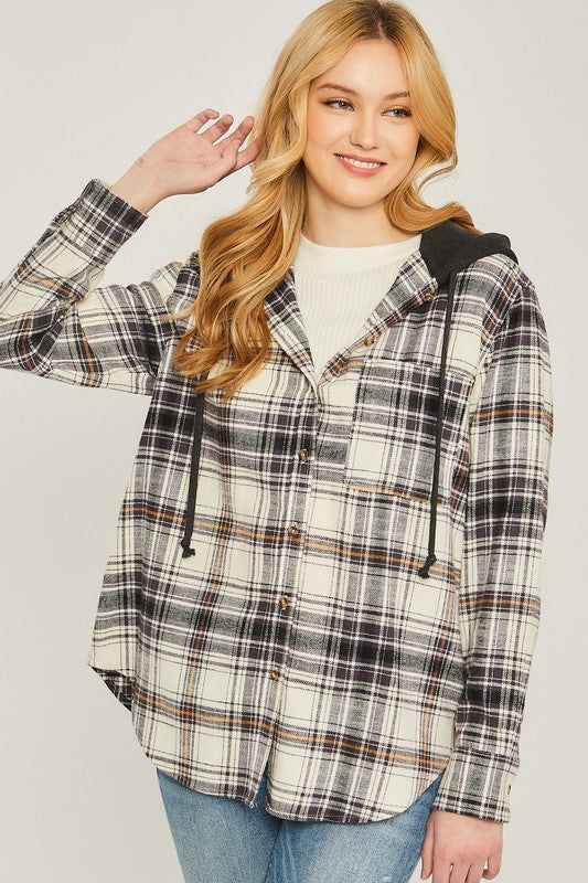 Love Tree Plaid Flannel Button Up Shacket with Hood us.meeeshop - Shirts & Tops