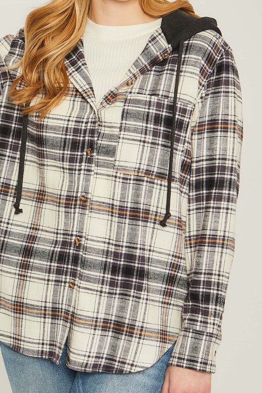 Love Tree Plaid Flannel Button Up Shacket with Hood us.meeeshop - 