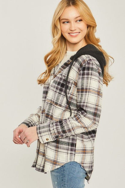 Love Tree Plaid Flannel Button Up Shacket with Hood us.meeeshop - 