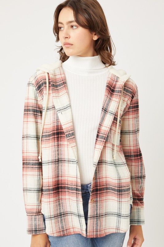 Love Tree Plaid Flannel Button Up Shacket with Hood us.meeeshop - 