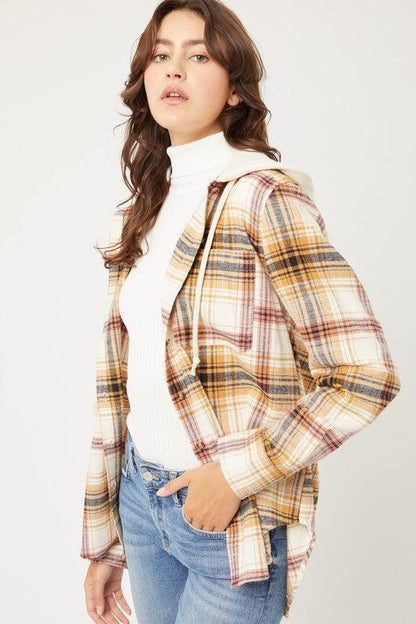 Love Tree Plaid Flannel Button Up Shacket with Hood us.meeeshop - 