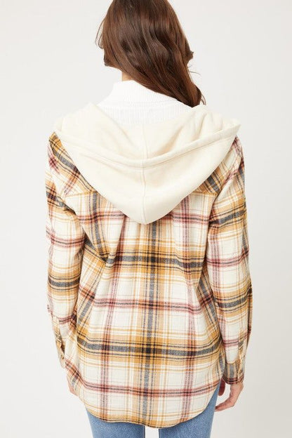 Love Tree Plaid Flannel Button Up Shacket with Hood us.meeeshop - 