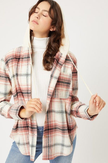 Love Tree Plaid Flannel Button Up Shacket with Hood us.meeeshop - 