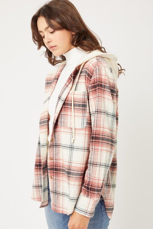 Love Tree Plaid Flannel Button Up Shacket with Hood us.meeeshop - 