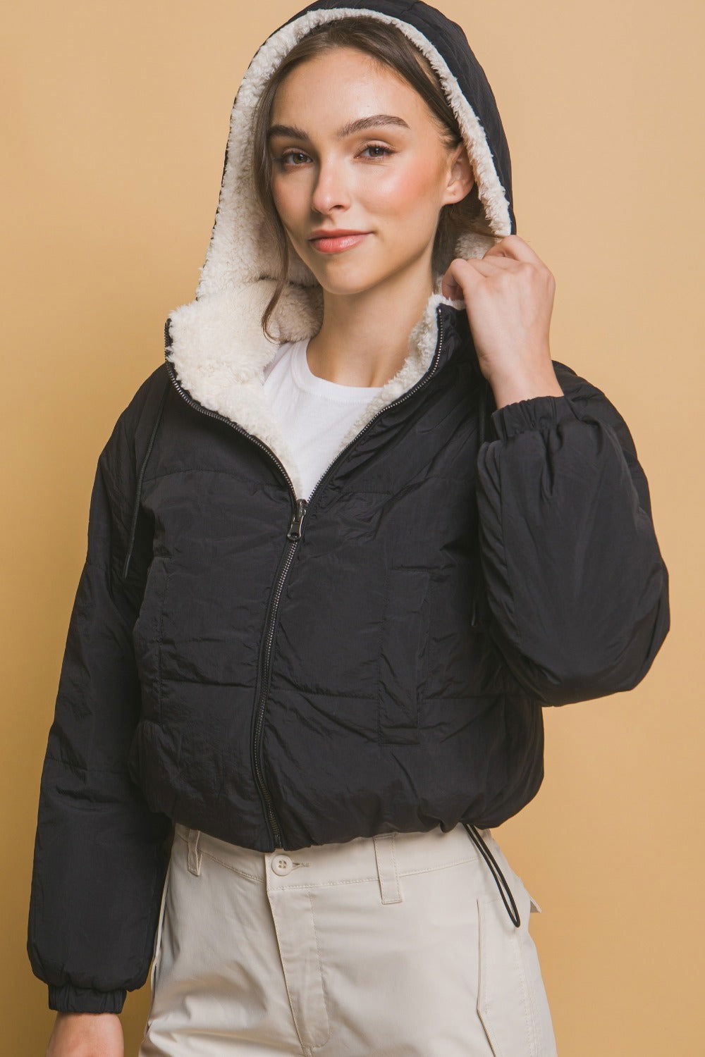 Love Tree Zip Up Cropped Hooded Sherpa Reversible Jacket us.meeeshop - Coats & Jackets