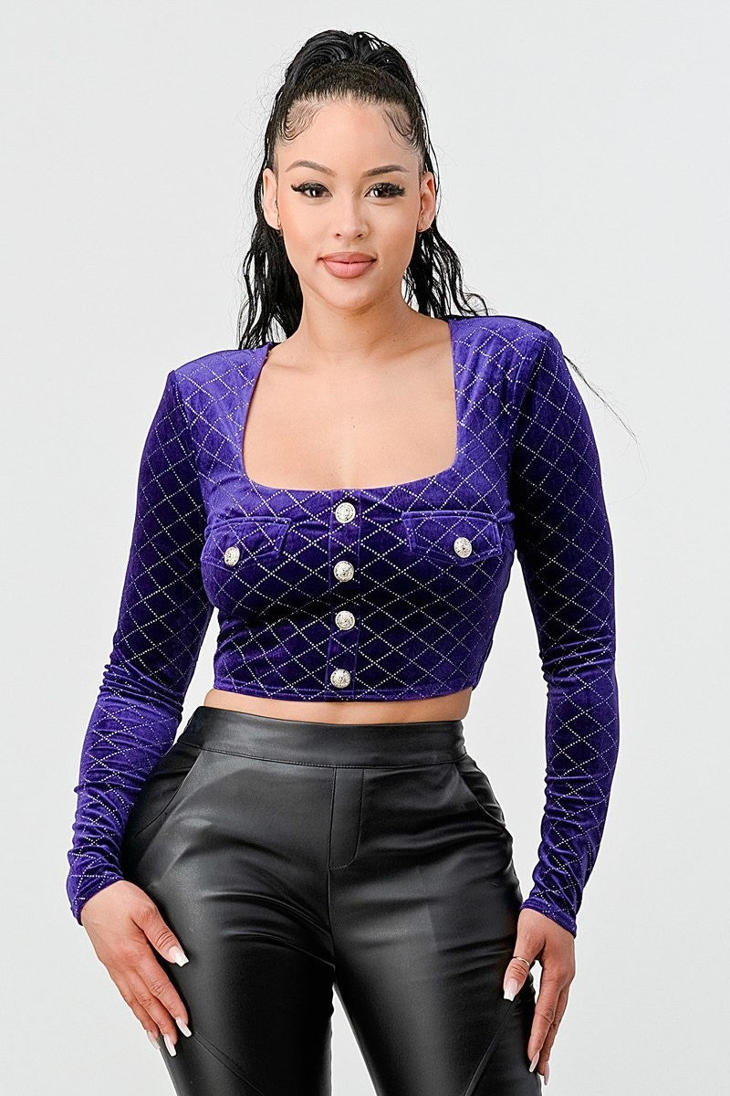 Lux Diamon Velvet Buttons Open Back Square Neck Long Sleeves Cropped Top | us.meeeshop