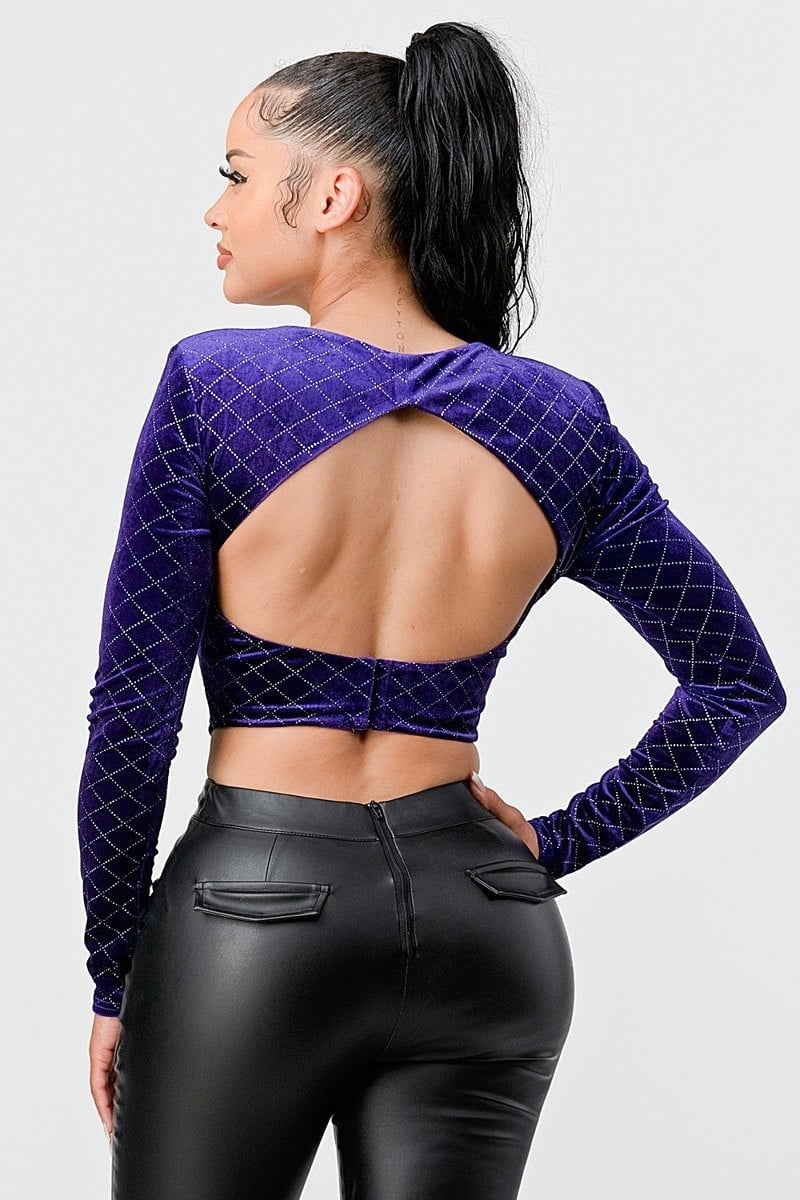 Lux Diamon Velvet Buttons Open Back Square Neck Long Sleeves Cropped Top | us.meeeshop