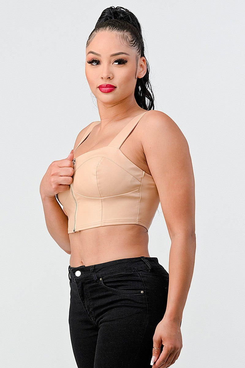 Lux Faux Leather Pu Zipup Strap Sleeveless Cropped Top | us.meeeshop