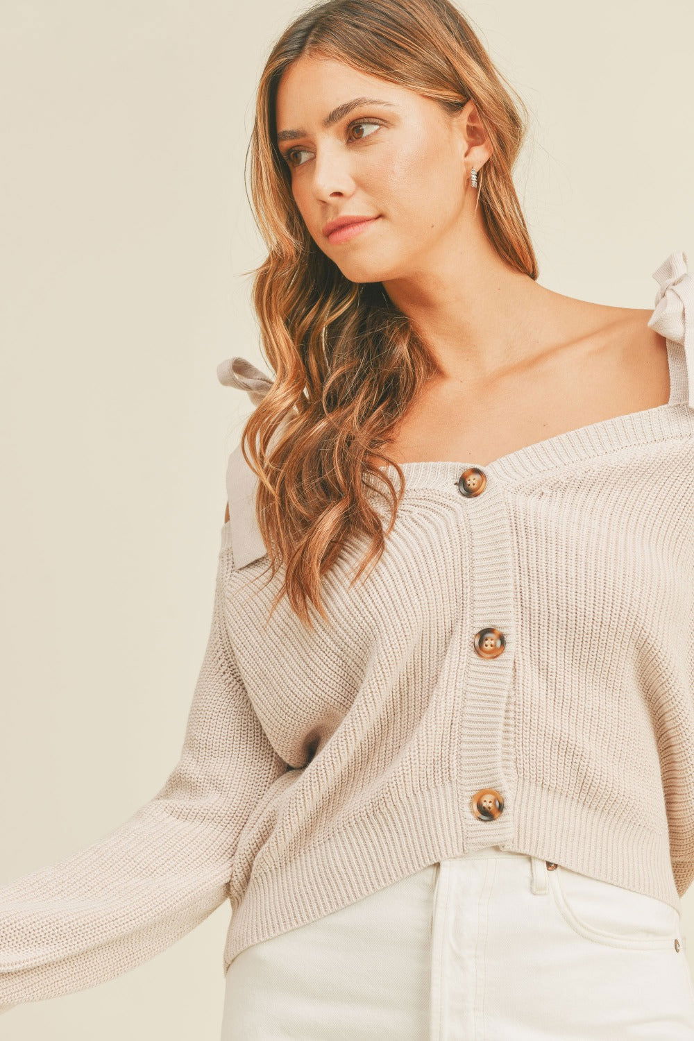 MABLE Off Shoulder Self Tie Strap Button Down Sweater us.meeeshop - 