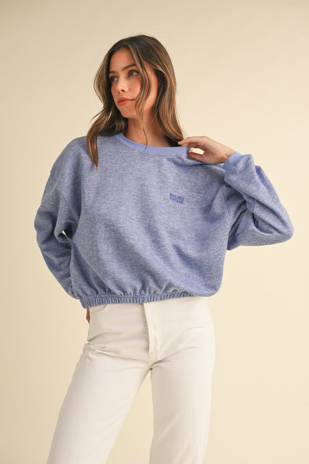 Mable Round Neck Letter Embroidery Crop Sweatshirt us.meeeshop - Shirts & Tops