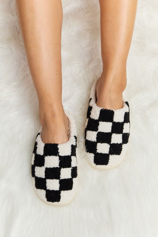 Melody Checkered Print Plush Slide Slippers us.meeeshop - Shoes