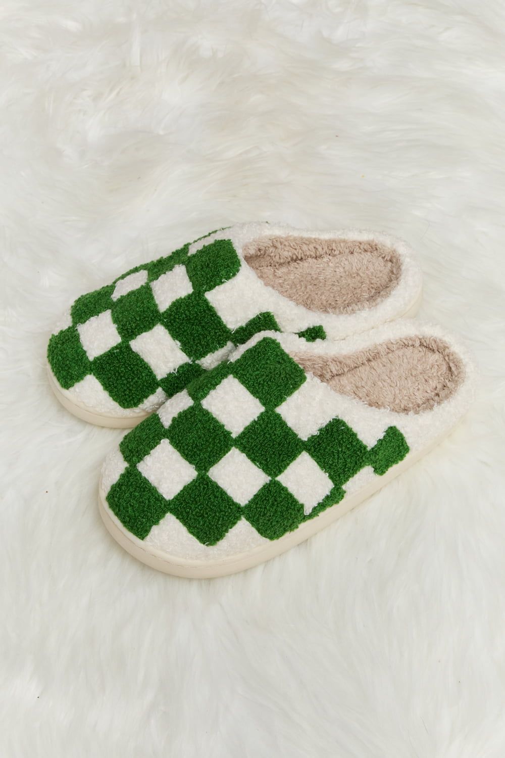 Melody Checkered Print Plush Slide Slippers us.meeeshop - 