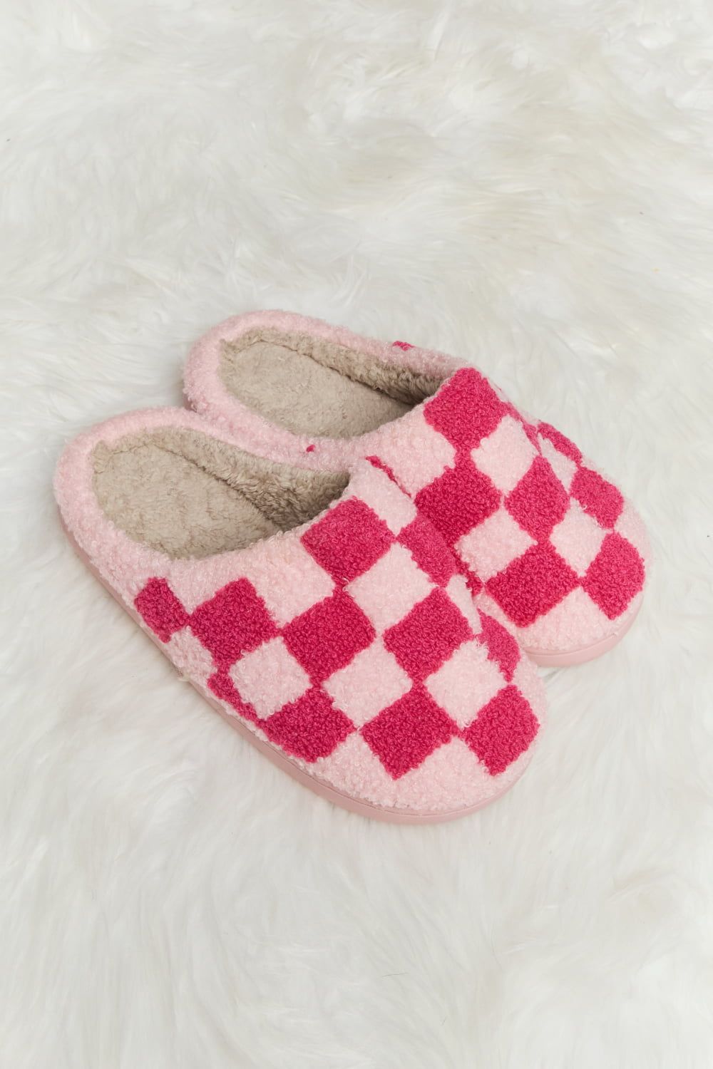 Melody Checkered Print Plush Slide Slippers us.meeeshop - 