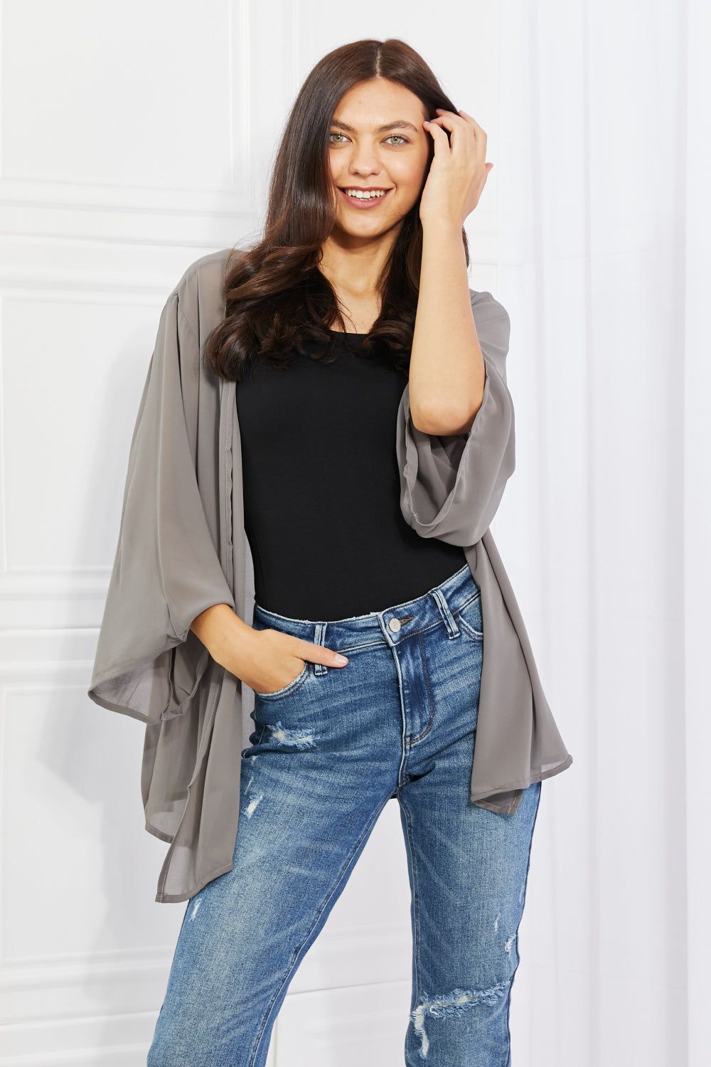 Melody Just Breathe Full Size Chiffon Kimono in Grey us.meeeshop - 