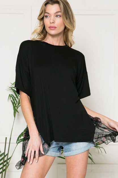 Mesh Ruffle Side Contrast Tunic - us.meeeshop