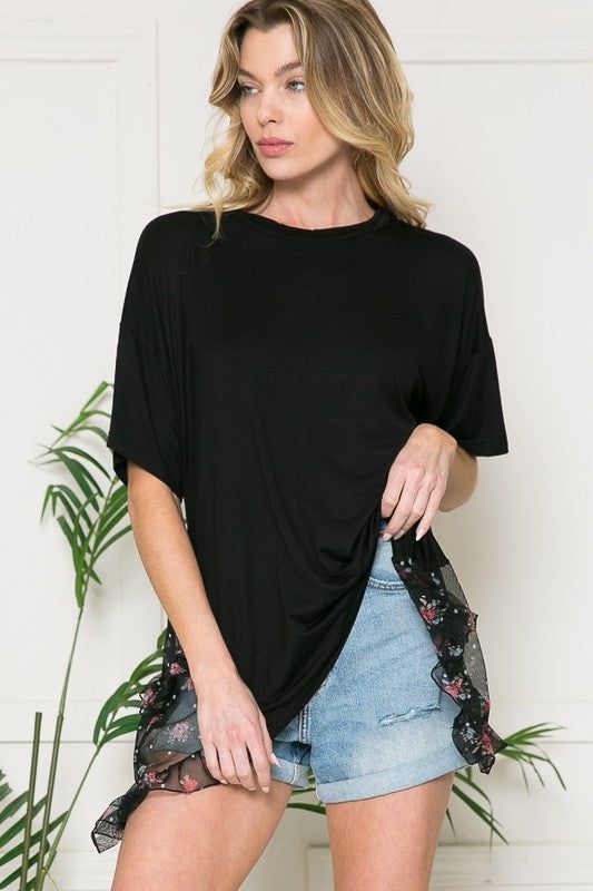 Mesh Ruffle Side Contrast Tunic - us.meeeshop