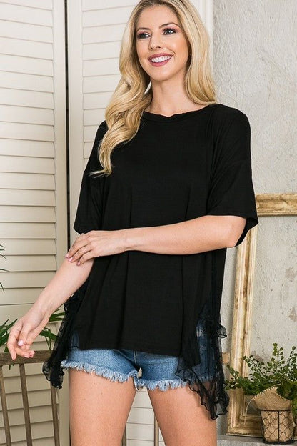 Mesh Ruffle Side Contrast Tunic - us.meeeshop