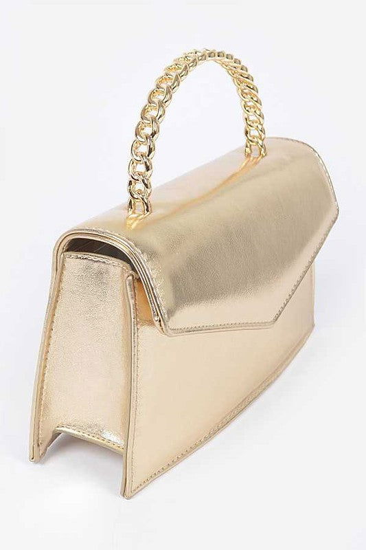 Metal Handle Metallic Leather Convertible Clutch us.meeeshop - 