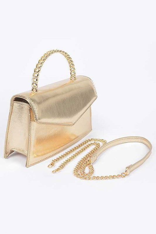 Metal Handle Metallic Leather Convertible Clutch us.meeeshop - 