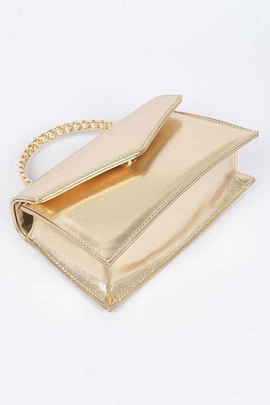 Metal Handle Metallic Leather Convertible Clutch us.meeeshop - 